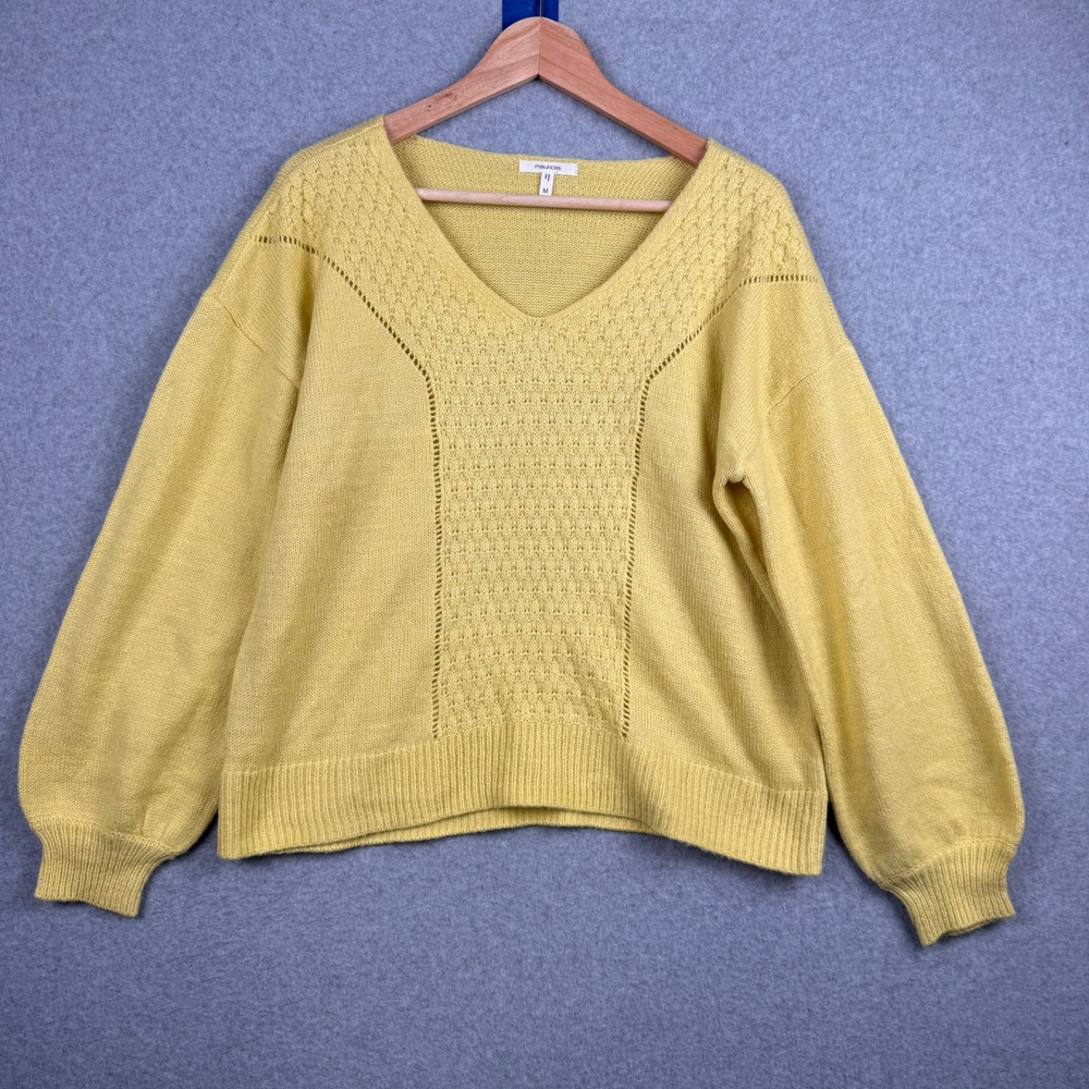 Maurices Sweater Womens Medium Yellow Green Pointelle Knit V Neck Balloon Sleeve